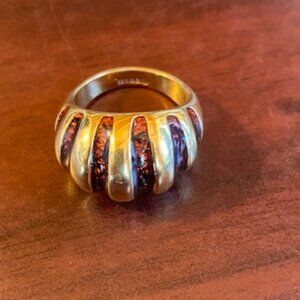 18k GE Electroplate Dome Ring Size 7 Puffy Ribbed Chunky Amber